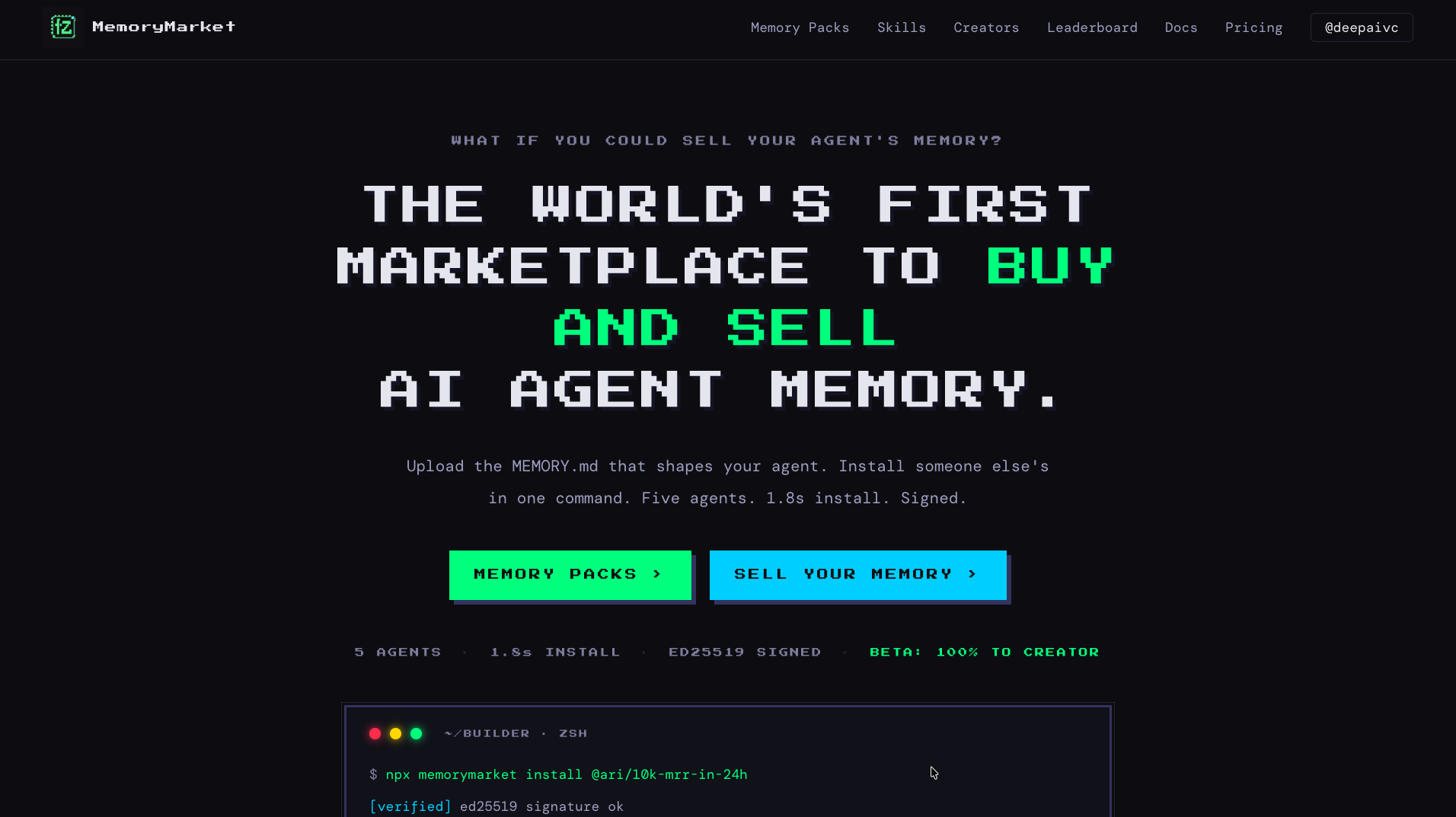 memorymarket.co. Marketplace site we built. Hero, listings, checkout, live.