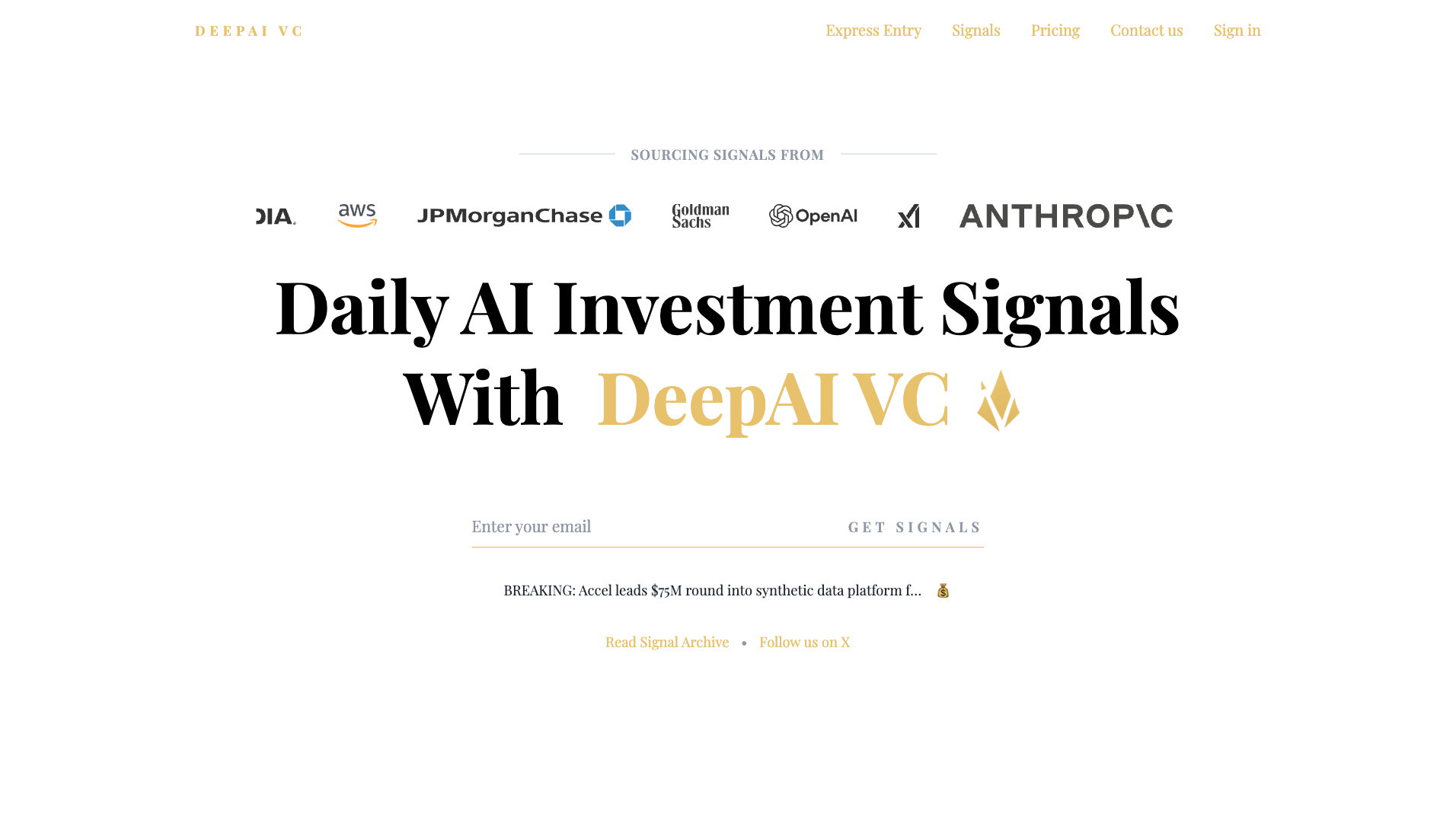 deepai.vc. Newsletter and authority site we built. Email capture, trust logos, live.