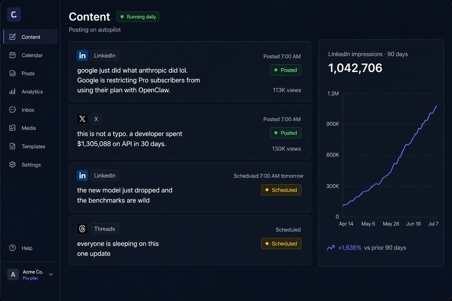 Representative UI · posts queued across platforms