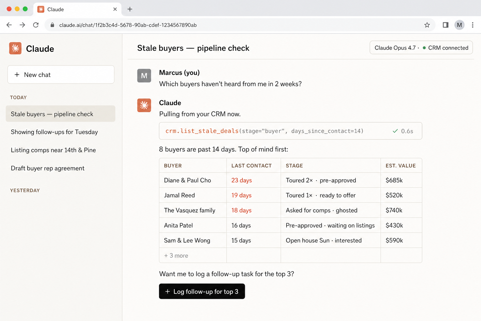screenshot · Claude listing stale CRM deals