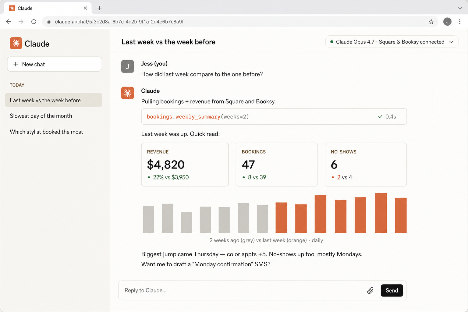 screenshot · Claude answering a bookings/revenue question