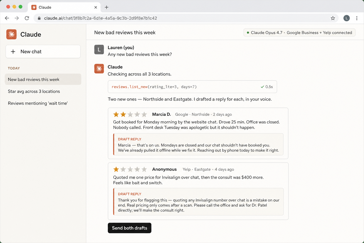 screenshot · Claude surfacing new reviews + draft reply