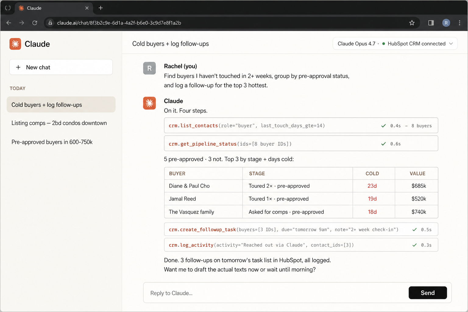 screenshot · Claude pulling CRM pipeline, multi-step trace